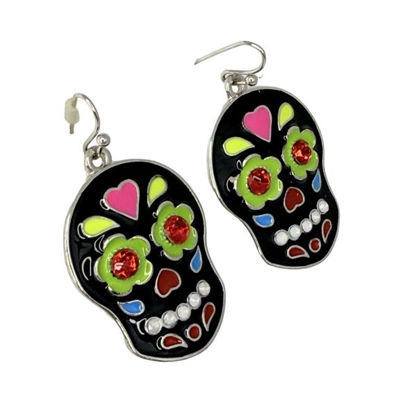 Black Sugar Skull Dangle Earrings 1" Silver Tone Enamel Day Of The Dead - Picture 2 of 8